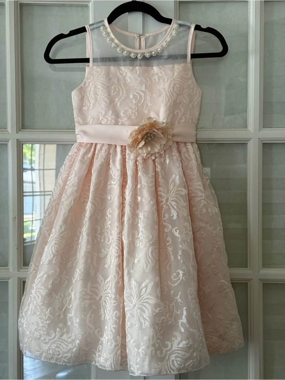 American Princess Blush Pink Floral Lace Party Dress with Pearl Illusion